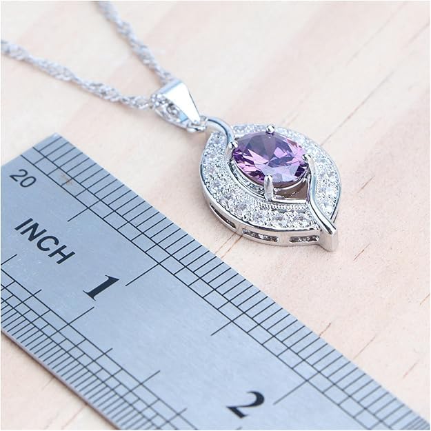 OLALACLAYCO, 4 Pcs Flower Drop Emerald Green Big Cubic Zircon Dubai Women Party Costume Jewelry Sets for Brides Wedding Luxury, Platinum Plated Jewlery Set, gifts for family and loved ones during the holidays. (Purple Zircon 925 Silver)
