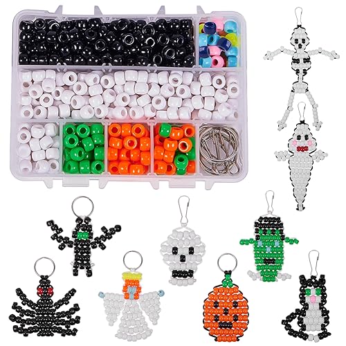 SUNNYCLUE 1 Box DIY Make 9PCS Halloween Theme Bead Pets Kit 8mm Pony Beads Assortment Box Set with Keychain, Keyring & Lanyard Clips, Instruction - color: 8mm Pony Beads Kit Halloween Themed