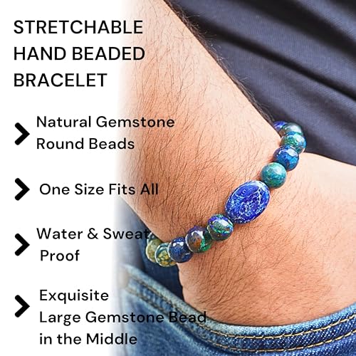 Black Obisidian Bracelets for Men 8" Inch Full Stretch Healing Crystal Bracelet, Beaded Charm Bracelet for Men Gifts Fathers Day Anniversary Birthday Gifts for Him - color: Malachite Azurite & Lapis Lazuli Bracelets