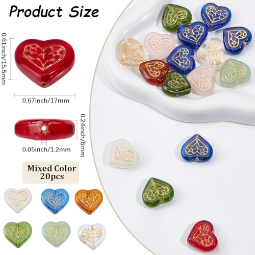 1 Box 20PCS Valentine Heart Glass Beads with Hole Bohemian Love Shaped Colorful Czech Golden Metal Enlaced Crystal Charms Loose Spacer Bead for Jewelry Making Bracelet Necklace Diy Craft - style: Heart