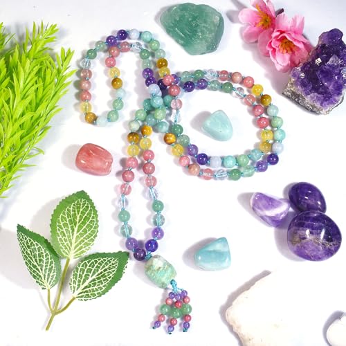 108 Mala Beads Genuine Semi-Precious Gemstone Hand Knotted 8MM Prayer Beads Long Multicolor Necklace 40 Inches - style: dreamy