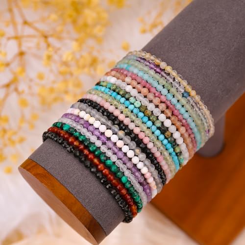 BONNY BOXX Natural Genuine Gemstone Faceted Round Beads Bracelets, 3mm Adjustable Stretchy Tiny Faceted Black Tourmaline Bracelet, Healing Crystal Reiki Chakra Dainty Jewelry Fashion Gifts - color: Green Opal