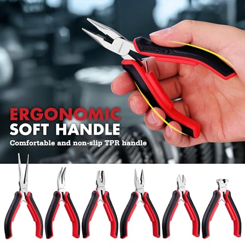 ARROW Mini Pliers Set, 6-Piece Precision Jewelry & Craft Kit – Includes Needle, Diagonal, Long, Bent, End Cutting & Lineman Pliers for Electronics, Crafts & DIY, with Pouch