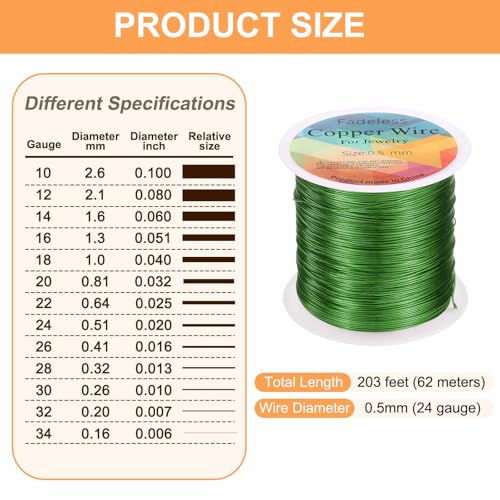 HARFINGTON Wire 203ft Length 24 Gauge Copper Craft Jewelry Wrapping Wire Tarnish Resistant Beading for Jewelry Making Supplies Crafting, Green - color: Green