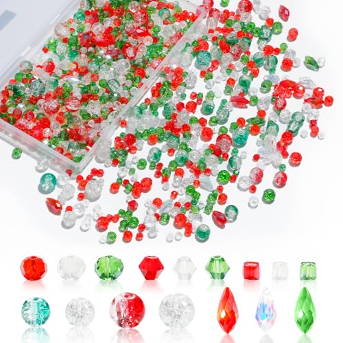 1000pcs Christmas Glass Beads for Jewelry Making Assorted Crystal Beads for DIY Crafts Bracelets Necklaces Earrings and Christmas Decorations Ornament Kits（Red Green White） - color: Red Green White