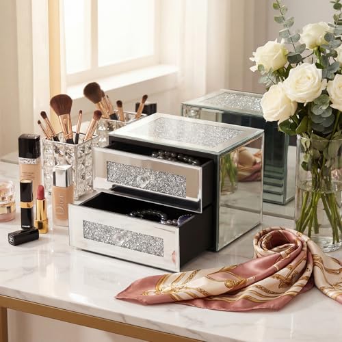 Kenning Silver Jewelry Box 2 Layer Glass Box for Women Mother's Day Crystal Jewelry Organizer Storage Luxury Necklaces Earrings Rings Bracelets Organizer for Mom Gift Decoration