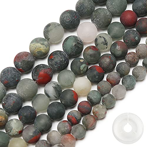 Natural Matte African Bloodstone Beads, 8MM Round Frosted Unpolished Loose Gemstone Beads for Bracelet Necklace Jewelry Making, Energy Stone Healing Power with Stretch Beading Cord - color: Matte African Bloodstone, size: 8MM