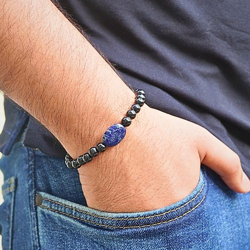 Black Obisidian Bracelets for Men 8" Inch Full Stretch Healing Crystal Bracelet, Beaded Charm Bracelet for Men Gifts Fathers Day Anniversary Birthday Gifts for Him - color: Black Obsidian & Lapis Lazuli Bracelets
