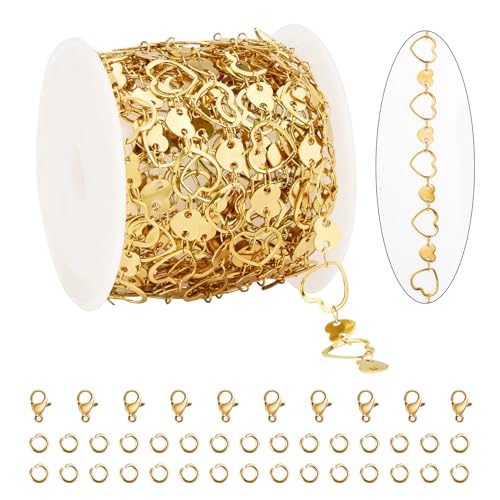 KYUNHOO 4 Meters Heart Chains for Jewelry Making Gold Plated Stainless Steel Chain Bulk on Spool for Women Make Crafts with Lobster Clasps Jump Rings - color: Heart Gold