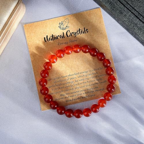 MAIBAOTA Healing Crystal Bracelet for Women Men, 8/4 mm Natural Stone Beaded Bracelets, Jewelry Birthday Gifts, Round Gemstones Stretch Bracelets - color: Red-Carnelian, size: 8 mm