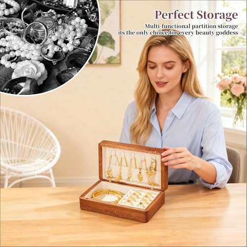 Travel Jewelry Case Small Wood Jewelry Organizer Jewelry Box for Women (Nut-Brown Print F) - color: Nut-Brown Print F