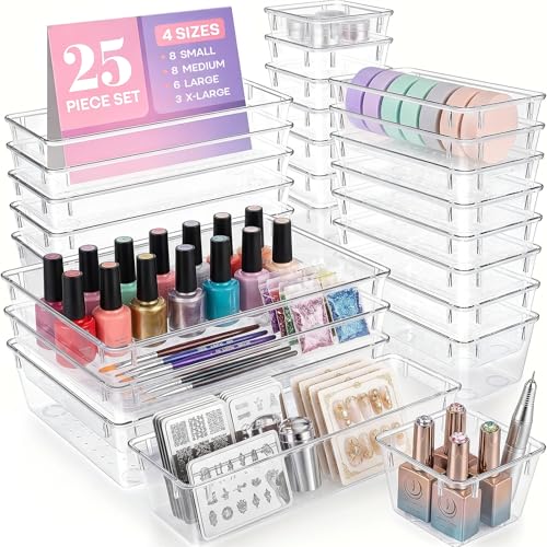 25 Pcs Makeup Drawer Organizer Set, 4 Sizes Versatile Bathroom and Vanity Drawer Organizer for Makeup, Non-Slip Desk Organizer Trays for Bedroom, Office, Fits Jewelry and Office Supplies - size: 25Pack