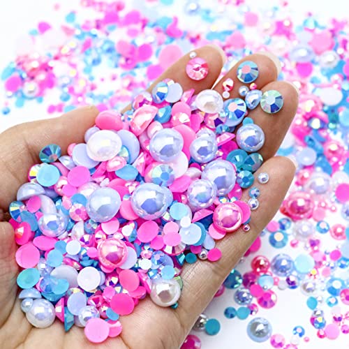 60g Mix Flatback Pearls and Rhinestones, 2mm-10mm Jelly Rhinestones and Half Pearls for Tumblers Shoes Nails Face Art, Pearl Rhinestone Mix for Bedazzling, White|Blue|Pinks - color: Cotton Candy Blend | Mix White | Blue | Pinks