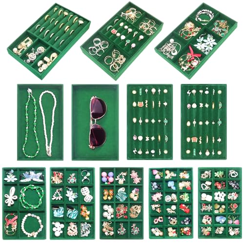 Velvet Jewelry Tray 12 Set Stackable Jewelry Organizer Trays for Drawers Rings Earrings Necklaces Bracelet Watch Display Case - color: Green, size: 12 Pcs