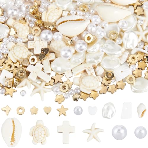 SUNNYCLUE 1 Box 1000Pcs Ocean Beads Kit Shell Beads Seashell Charms Summer Hawaii Sea Turtle Starfish Plastic Imitation Pearl Loose Spacers for Jewelry Making Kits Bracelets Necklace Earrings - style: Style 2