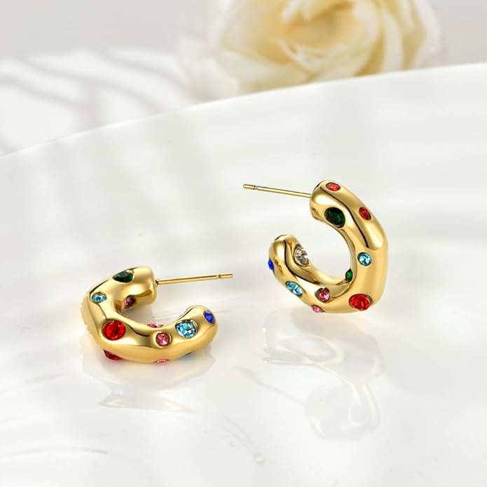 Gold Earrings for Women Girls,14K Gold Plated Hoop Earrings with 925 Sterling Silver Post Cubic Zirconia Stud Earring Huggie Hoops Earrings