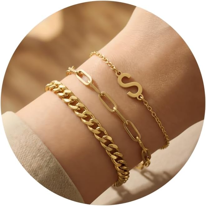 14K Gold Plated Bracelets for Women, A–Z Initial Charm Bangles Jewelry Set, Elegant Gold Accessories, Friendship Bracelet Gifts for Mom