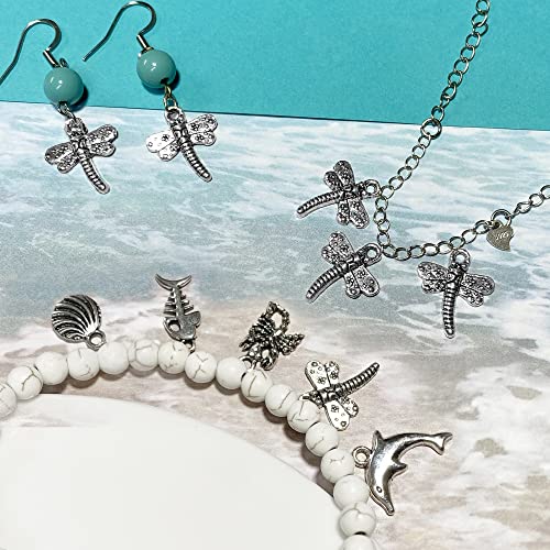 Heather's cf Silver Sea Charms – Antique Pendants, Non-Tarnish, Lead-Free & Nickel-Free, Bulk Ocean Animal Charms for DIY Jewelry, Bracelets, Necklaces, Earrings, Beach Craft Supplies (Sea Animals) - color: Dragonfly charms-96pcs