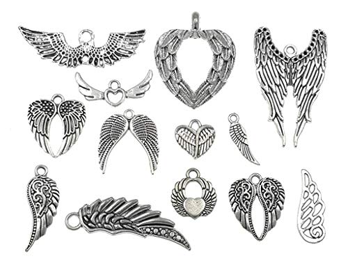 Assorted Angel Wings Feathers punk Charm Pendant Connector for DIY Jewelry Making Accessaries(36pcs,Antique Silver Tone)
