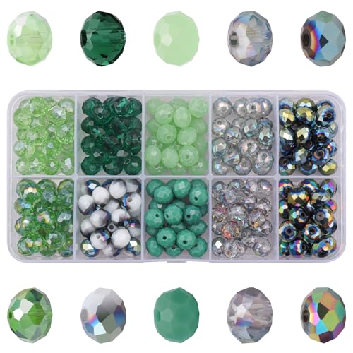 200pcs 8MM Faceted Rondelle Glass Beads for Jewelry Making, Briolette Crystal Glass Beads Plated Round Loose Spacer Beads for DIY Supplies Bracelets Necklaces Earrings (Green) - color: Green
