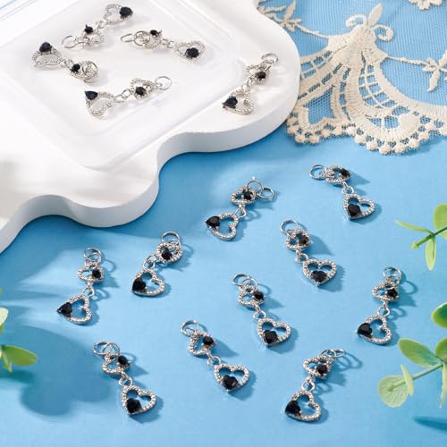 FASHEWELRY 15Pcs Crystal Rhinestone Heart Pendants, Hollow Heart Alloy Dangle Charms Black Glass Love Charms Platinum for DIY Valentine's Day Necklace Earring Jewelry Making - color: Heart-Black