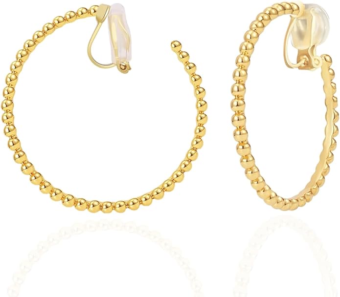 FAN&LOUIS 24K Gold Plated Hoop Clip On Earrings for Women, Gold Beaded Hoop Trendy Hypoallergenic Non Pierced Earrings Painless Lightweight 38mm Clip-On Earrings