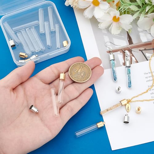 PH PandaHall 16 pcs 30mm Clear Glass Bottles Hanging Tube Wish Bottles with Golden/Silver Metal Caps for Necklace Pendant Jewelry Making, (NOT SCREWABLE, Need Glue ON)