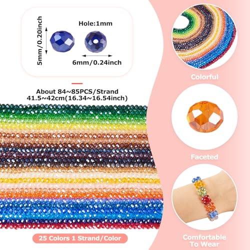 Craftdady 25 Strands Faceted Rondelle Glass Beads 6 mm Colorful Briolette Glass Crystal Spacer Beads Tiny Loose Beads for Bracelet Necklace Jewelry Making DIY Supplies - size: 6mm