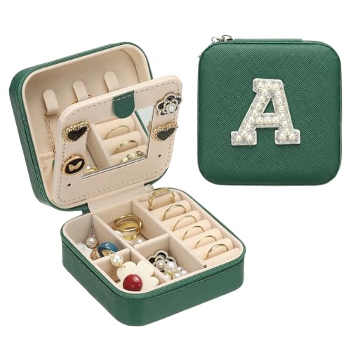 PATIKIL Travel Jewelry Case,A Initial Small Travel Jewelry Box Organizer Rings Earrings Storage Case Personalized Gifts for Women Girls Birthday Christmas Bridesmaid Gifts,Dark Green - style: A