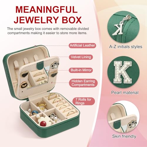 PATIKIL Travel Jewelry Case, K Initial Small Travel Jewelry Box Organizer Rings Earrings Storage Case Personalized Gifts for Women Girls Birthday Christmas Bridesmaid Gifts, Dark Green - style: K