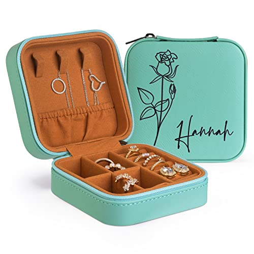 Custom Leather Jewelry Box w/Name & Birth Flower Month - Birthday Gifts for Women, Personalized Jewelry Travel Case - Customized Jewelry Organizer Box, Mom Birthday Gifts - Lime Dream - color: Lime Dream