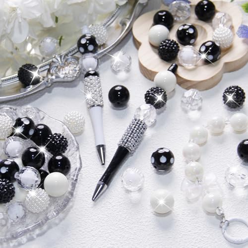 48 Pcs 20mm Beads for Pens Rhinestone Bubblegum Beads Mixed Crystal Acrylic Round Chunky Bead Sparkly Craft Large Balls Bead for Pen Beadable Keychain Bracelet Necklace DIY Jewelry Making Supplies - color: Black series