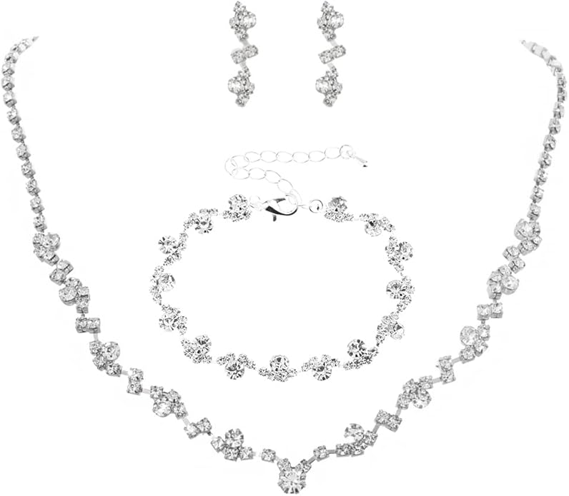 Unicra Bride Crystal Necklace Earrings Set Bridal Wedding Jewelry Sets Rhinestone Choker Necklace Costume Jewelry Set for Women and Brides (3 piece set - 2 earrings and 1 necklace)