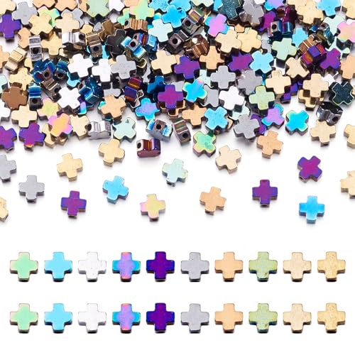 200 Pcs Hematite Cross Beads for Jewelry Making 3 mm Natural Hematite Beads Small Cross Crucifix Bracelet Charms Gemstone Round Loose Bead for Women Men Bracelet Jewelry Making - color: Hematite-Colorful