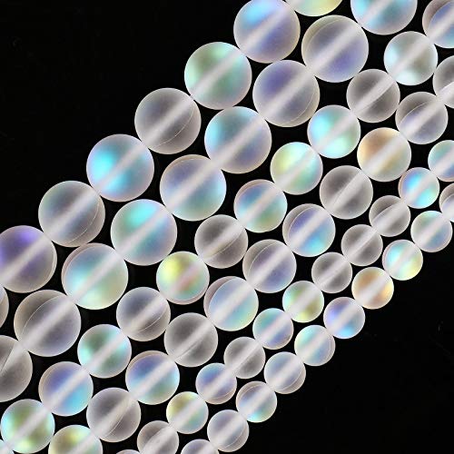 6MM/8MM/10MM-Matte White Aurora Crystal Glass Beads, Frosted Glitter Shining Mermaid Round Loose Beads, Rainbow Holographic Synthetic Moonstone for Jewelry Making DIY Bracelet (6MM) - size: 6MM