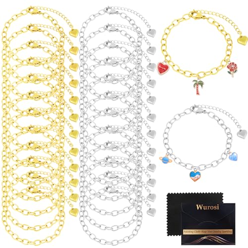 Wurosi 24PCS 6.3Inch Chain Bracelets Kit 18K Gold Plated Charm Bracelet Chains Stainelss Steel Charm Bracelets with Heart Lobster Clasp Extender Chain for Women Jewelry Bracelet Making - color: Bracelets 24 PCS Gold+Silver
