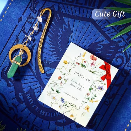 Vintage Metal Bookmark Pendant with Natural Crystal Stones Green Aventurine Bead Chain–Elegant Moon Bookmarks for Women,Men,Book Lovers,Teachers and Girls(Green Jade) - style: Green Jade