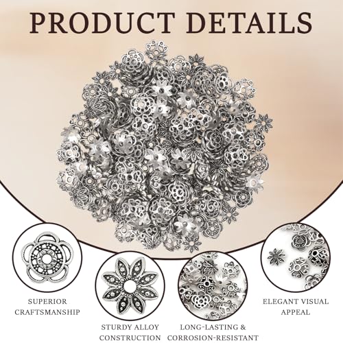 150Pcs Flower Spacer Beads Caps, Antique Silver Flower Spacer Bead Caps Bali Style, 3 Styles Vintage Ring Spacer Cap for DIY Bracelet Necklace Earrings Jewelry Making Supplies