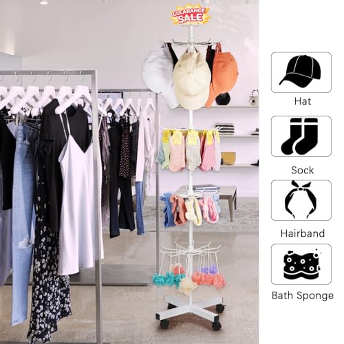 5-Tier Metal Spinning Display Stand Rack with Wheels, Keychain Jewelry Stocking Hat Display Stand, White - color: White