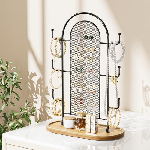 bussdis Jewelry Holder Organizer Earring Display - Stands Earring Storage Earring tree Hanger Jewelry Towers Rack with 6 Hooks 300 Stud Holes Wood Tray for Necklaces Bracelets Rings - color: Black