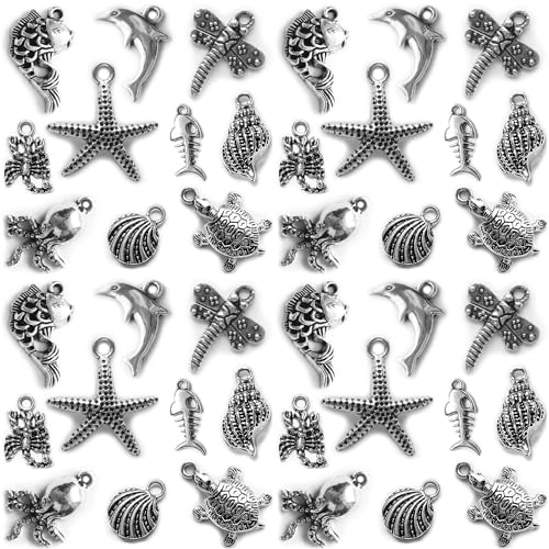 Heather's cf Silver Sea Charms – Antique Pendants, Non-Tarnish, Lead-Free & Nickel-Free, Bulk Ocean Animal Charms for DIY Jewelry, Bracelets, Necklaces, Earrings, Beach Craft Supplies (Sea Animals) - color: Mixed Sea Charms - 100 Pc