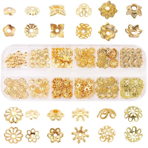 SUNNYCLUE 1 Box 240Pcs Metal Bead Caps 12 Different Flower Bead Ends Filigree Petal Brass Bead Caps Alloy Beads Spacer Accessories with Clear Box for Jewelry Making, Golden - color: 240pcs Golden