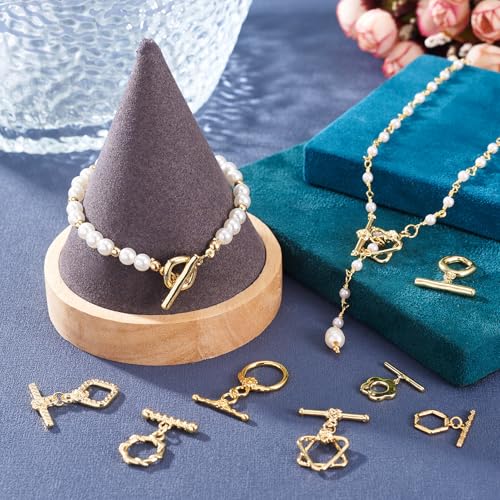 7Pcs 18K Gold Plated Brass Toggle Clasps Golden Toggle Jewelry Clasps Flower Rhombus Hexagon Ring Star Toggles T Bar Clasp for Bracelet Necklace Jewelry Making - color: Golden