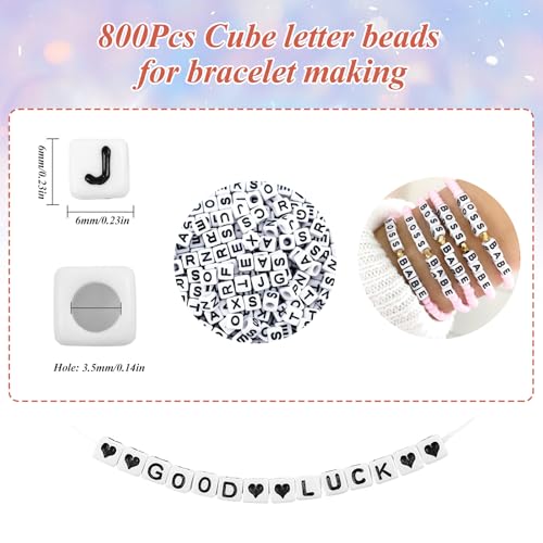 800Pcs White and Black Square Letter Beads A-Z, 6X6mm Acrylic Alphabet Beads for Friendship Bracelets Making - color: Black Letters White Beads