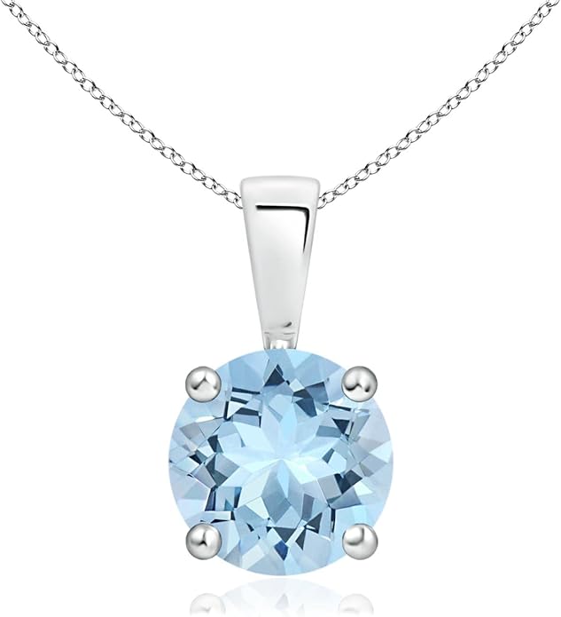 Angara Natural Aquamarine Solitaire Pendant for Women | Round Aquamarine Solitaire Pendant Necklace in 14K Solid Gold/Silver/Platinum With 18" Chain | March Birthday, Gemstone Jewelry Gift