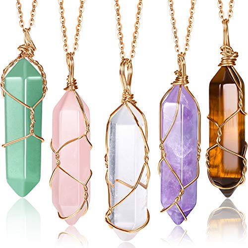 Yaomiao 5 Pieces Crystal Necklaces, Healing Stones Spiritual Pendant Natural Gemstone Jewelry with Adjustable Chain for Women Girls - color: Vivid Color with Gold Chain