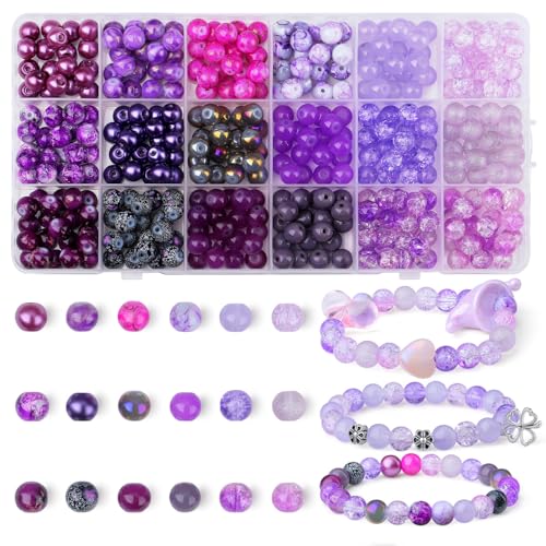 DUQGUHO 8mm Purple Beads for Jewelry Making Purple Glass Beads for Bracelets Crystal Glass Round Bead Bracelet Friendship Bead Kit 360PCS - color: 2-Purple