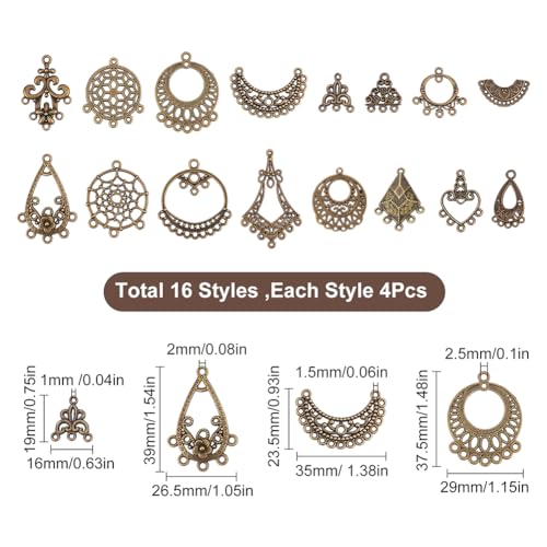 SUNNYCLUE 1 Box 64Pcs 16 Style Chandelier Connector Charms Component Connector Charm Tibetan Style Bronze Filigree Charms Findings Loops for Jewelry Making Earring Drop Women Adults DIY Crafts - color: 64pcs 16 Style Antique Bronze