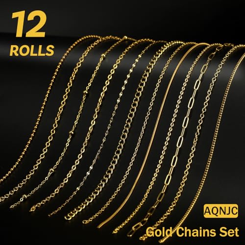AQNJC Gold Chain for Jewelry Making, 98 Feet 12 Rolls Jewelry Chains with Gold Charms for Women DIY Necklace Bracelet Making Supplies with Jump Rings, Lobster Clasps, Connectors - color: 12 Rolls Gold Necklace Chains with Gold Charms