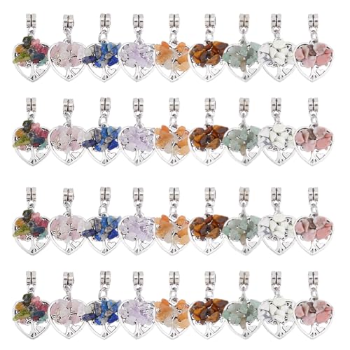 SUPERFINDINGS 36Pcs Tree of Life Charms Colorful Heart Stone Chips Charms Antique Silver Wire Wrapped Crystal Pendants for Jewelry Making Necklace Earrings Bracelet DIY, Hole: 2mm